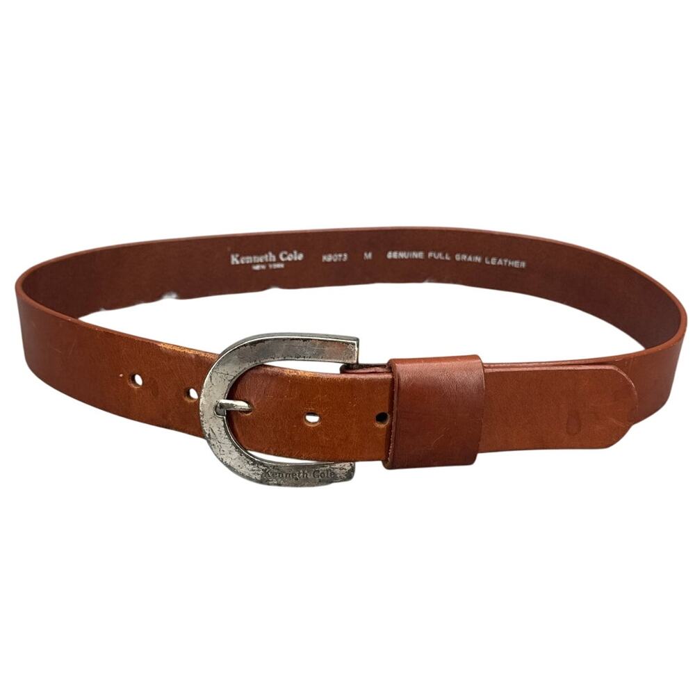 Kenneth Cole Brown Leather Silver Horseshoe Buckle Western Belt 27.5"-31.5"